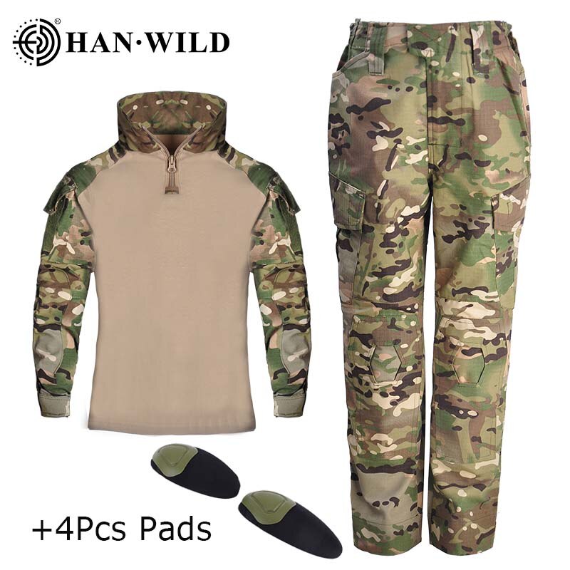 어린이를위한 군사 유니폼 전술 셔츠 + 무릎 패드와 바지 어린이 훈련 양복 CS Airsoft 슈팅 의류 육군 양복